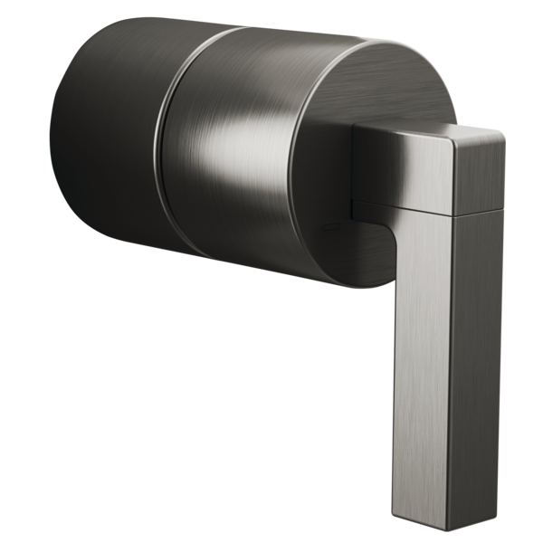 Brushed stainless steel pressure balance valve with rectangular lever handle and cylindrical body trim plate.