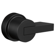 Matte black pressure balance valve trim with cylindrical backplate and lever handle.