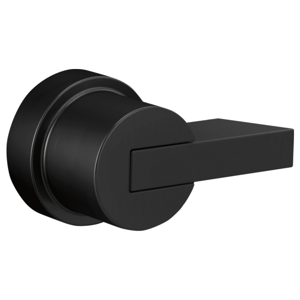 Matte black pressure balance valve trim with cylindrical backplate and lever handle.
