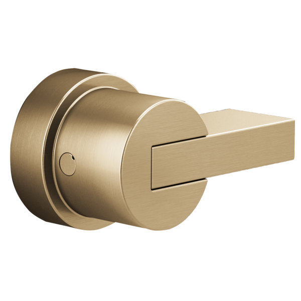 Brushed gold pressure balance valve trim with cylindrical escutcheon and lever handle.