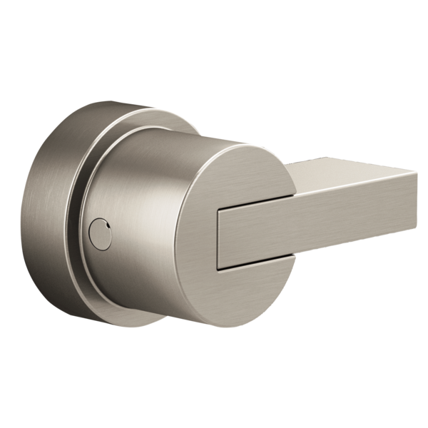 Brushed nickel pressure balance valve trim with cylindrical body and lever handle extending to the right.