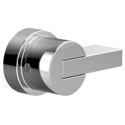 Chrome pressure balance valve trim with cylindrical escutcheon and horizontal lever handle.