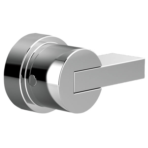 Chrome pressure balance valve trim with cylindrical escutcheon and horizontal lever handle.