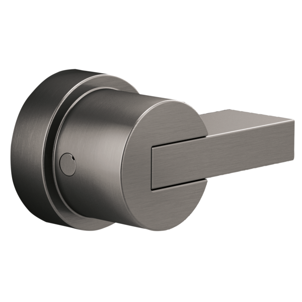 Brushed nickel lever handle trim for pressure balance valve with circular escutcheon plate and extended arm handle.