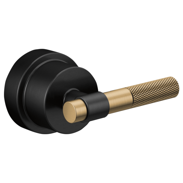 Matte black and luxe gold T-lever handle with textured grip and round escutcheon plate for pressure balance valve trim.