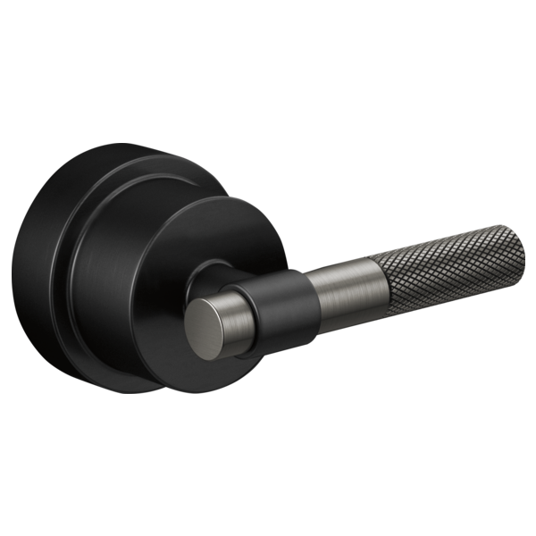 Brizo Litze pressure balance valve trim handle with matte black circular escutcheon and luxe steel textured T-lever.