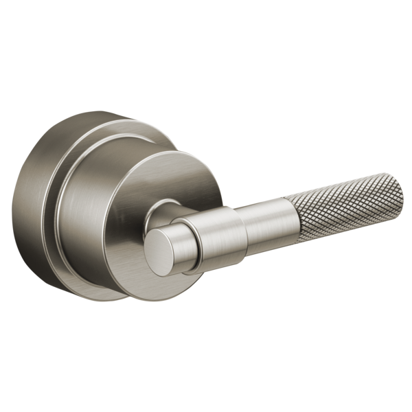 Brushed nickel pressure balance valve trim with T-lever handle and textured grip, featuring concentric circular trim rings.