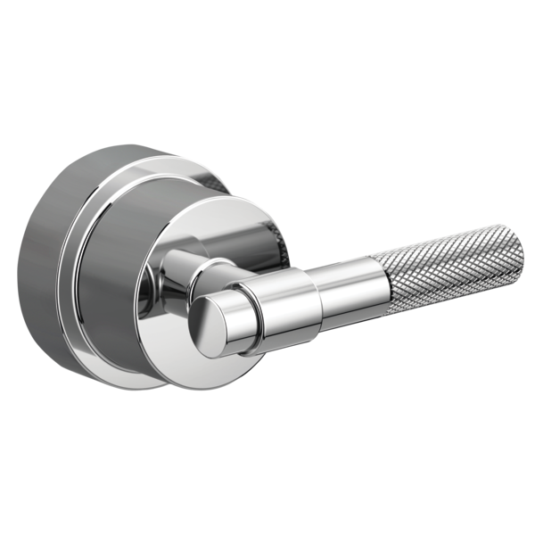 Chrome and gray pressure balance valve trim with T-lever handle and textured grip.