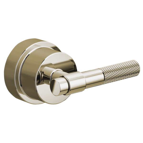 Brushed nickel and polished chrome pressure balance valve trim with T-lever handle and textured grip.