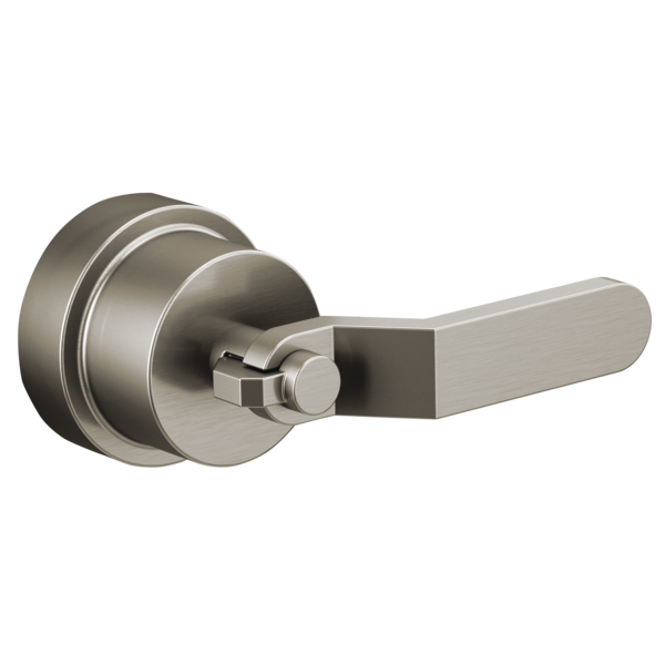Brushed nickel pressure balance valve trim with industrial lever handle and circular trim ring.