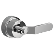Chrome and gray pressure balance valve trim with industrial lever handle and circular escutcheon plate.