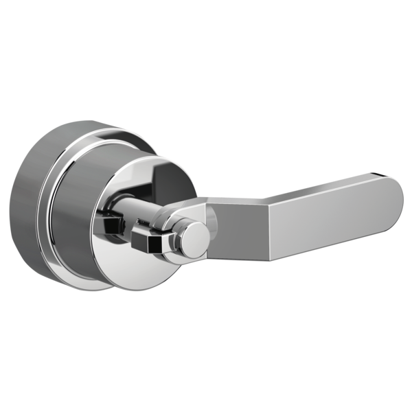 Chrome and gray pressure balance valve trim with industrial lever handle and circular escutcheon plate.