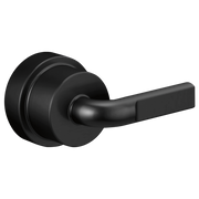 Matte black pressure balance valve trim handle with notch lever and circular escutcheon plate.