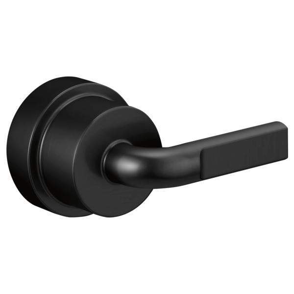 Matte black pressure balance valve trim handle with notch lever and circular escutcheon plate.