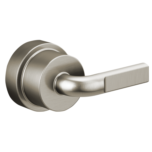 Brushed nickel pressure balance valve trim with notch lever handle and circular escutcheon plate.