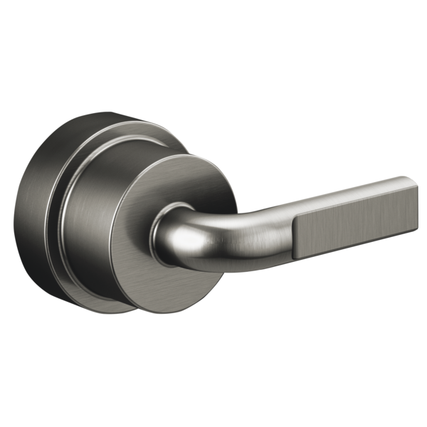 Brushed nickel pressure balance valve trim with notch lever handle and circular escutcheon plate.
