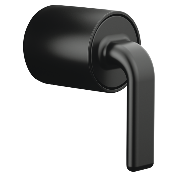 Black pressure balance valve trim with twist lever handle and cylindrical escutcheon plate.