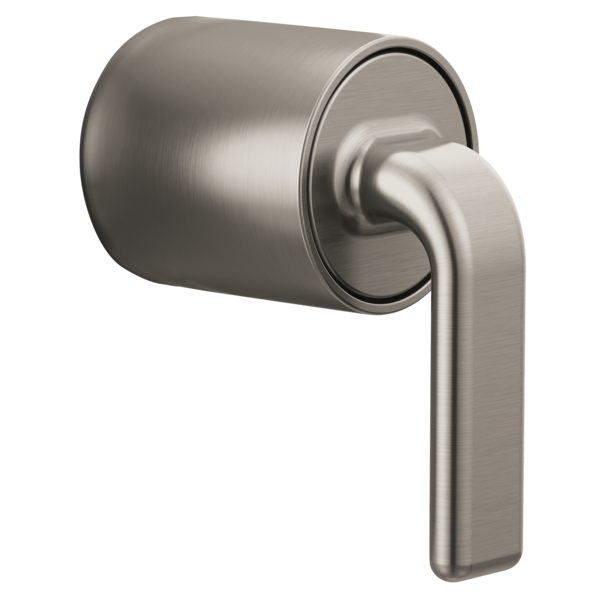 Brushed nickel pressure balance valve trim with cylindrical escutcheon and twist lever handle.