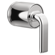Chrome pressure balance valve trim with cylindrical escutcheon and vertical twist lever handle.