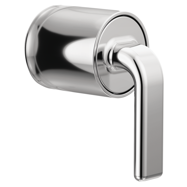 Chrome pressure balance valve trim with cylindrical escutcheon and vertical twist lever handle.