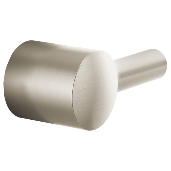 Brushed nickel cylindrical lever handle with stem for pressure balance valve trim.