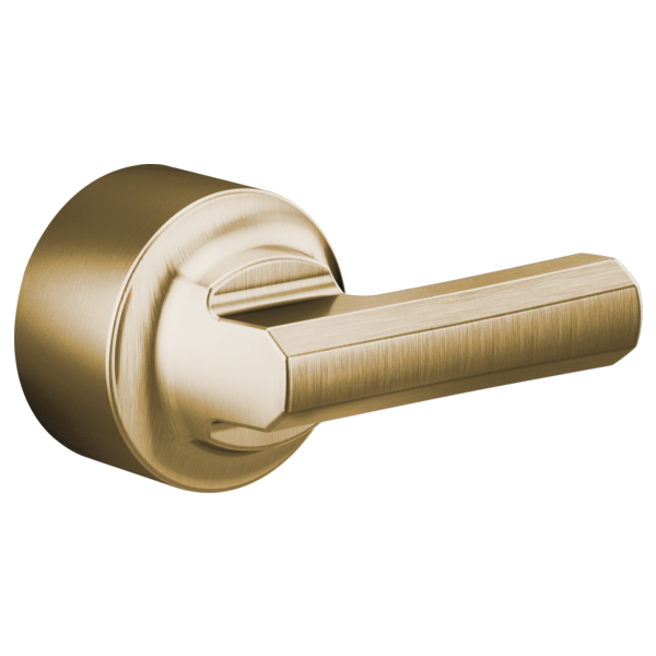 Brass and white lever handle with round decorative escutcheon for pressure balance valve trim.