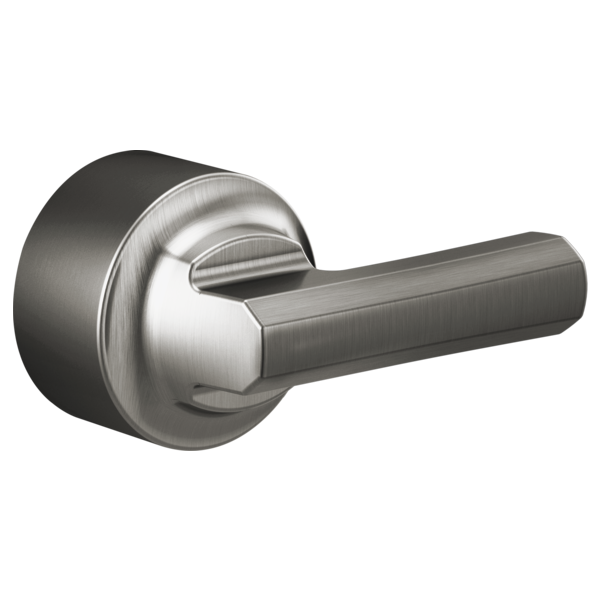 Chrome and brushed nickel lever handle with round escutcheon plate for pressure balance valve trim installation.