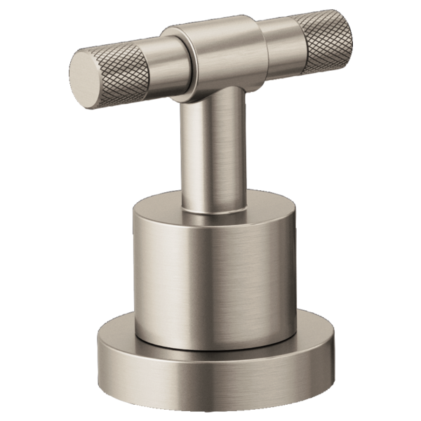 Brushed nickel T-lever handle kit with textured knurled grips and cylindrical base for Roman tub faucet.