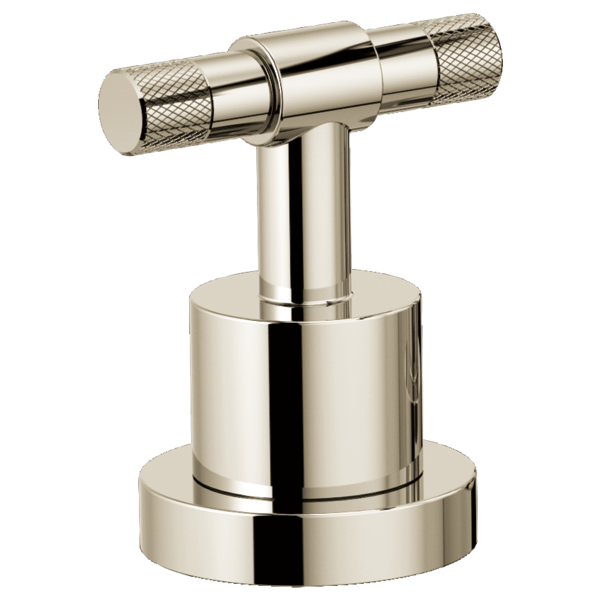 Polished nickel roman tub faucet handle with cross-knurled grip ends and cylindrical mounting base.