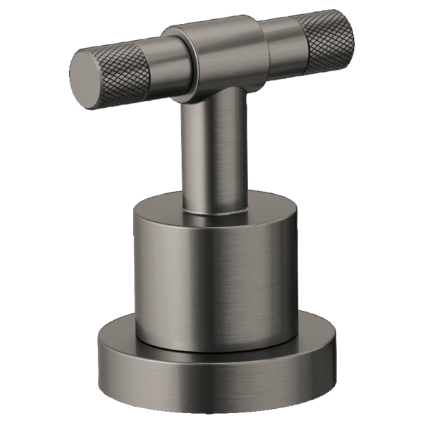 Brushed nickel Roman tub faucet handle kit with T-lever control and knurled grip ends on cylindrical base.