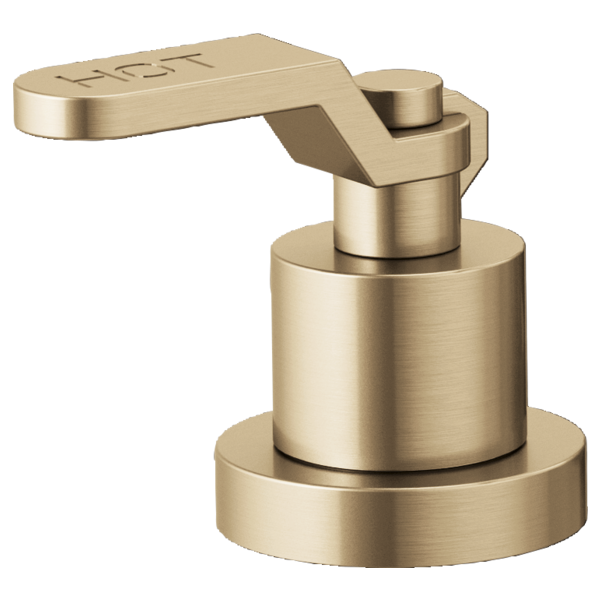 Brushed gold Roman tub faucet with industrial lever handle and cylindrical body.