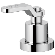 Polished chrome roman tub faucet with industrial lever handle and curved spout mounted on circular base.