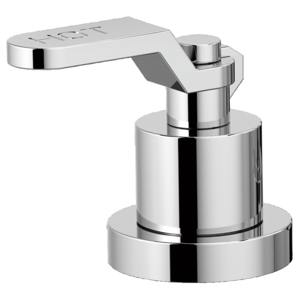Polished chrome roman tub faucet with industrial lever handle and curved spout mounted on circular base.