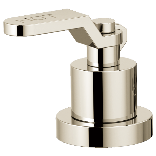 Polished nickel Roman tub faucet with industrial lever handle and cylindrical body.