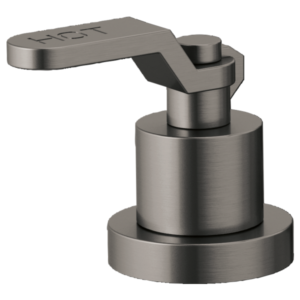 Brushed nickel roman tub faucet with industrial-style lever handle and cylindrical base.