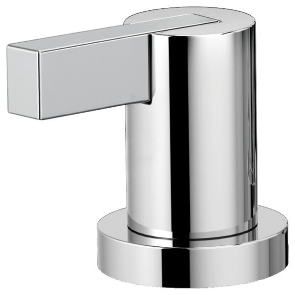 Chrome roman tub faucet handle kit with cylindrical spout and rectangular lever arm.