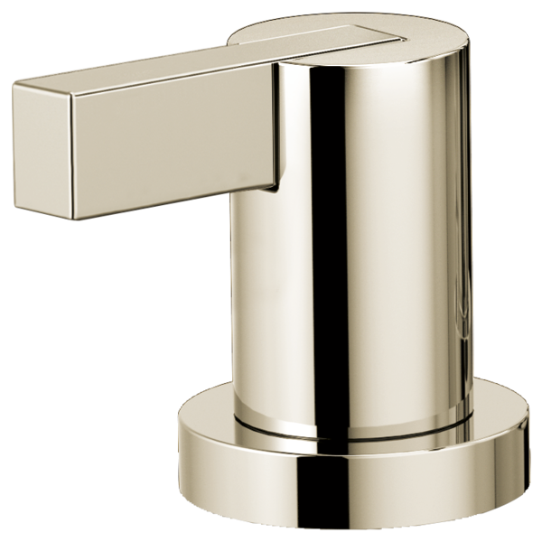 Polished nickel roman tub faucet handle kit with extended lever handle and cylindrical spout.