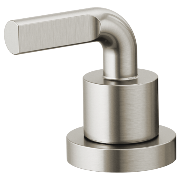 Brushed nickel roman tub faucet lever handle kit with cylindrical base and curved spout.