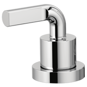 Chrome Roman tub faucet with notch lever handle and curved spout mounted on cylindrical base.