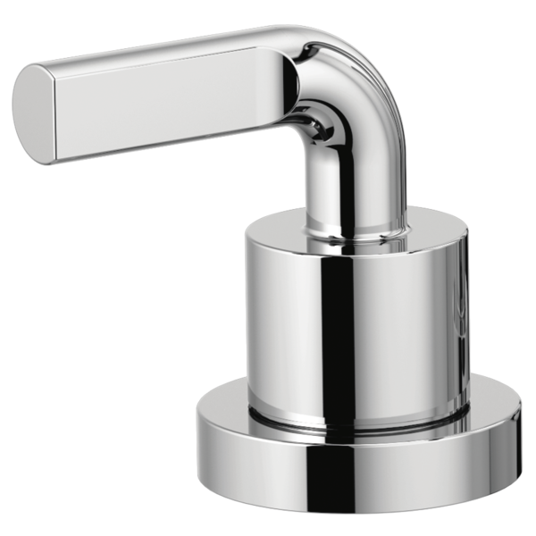 Chrome Roman tub faucet with notch lever handle and curved spout mounted on cylindrical base.