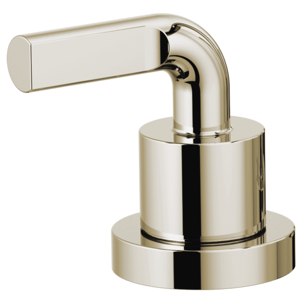 Polished nickel Roman tub faucet with notch lever handle and cylindrical spout on round base.