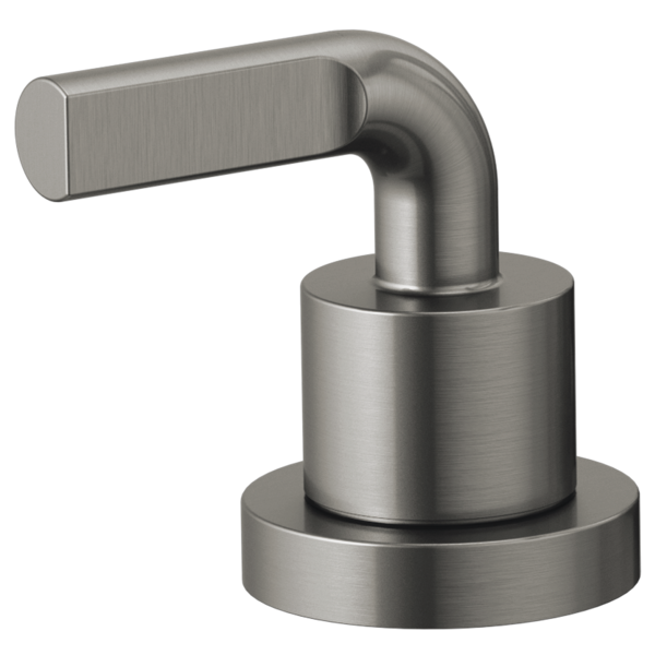 Brushed nickel roman tub faucet handle with notch lever and cylindrical base mounting hardware.