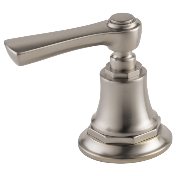 Brushed nickel roman tub faucet with single lever handle and bell-shaped base.