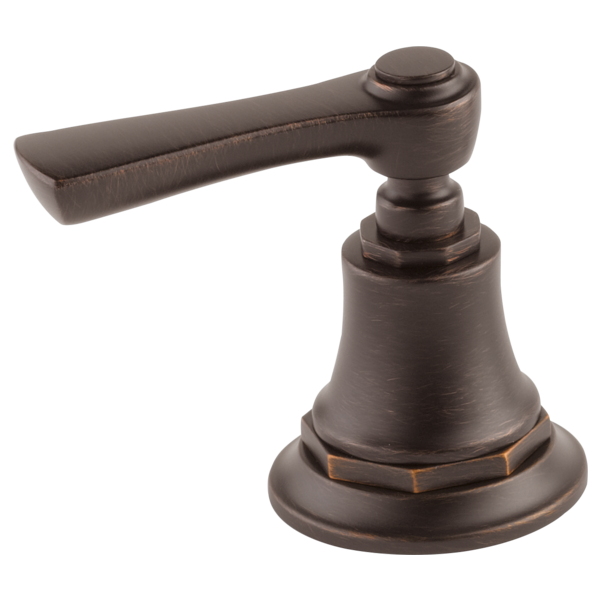 Bronze lever handle faucet component with bell-shaped base and elongated handle.