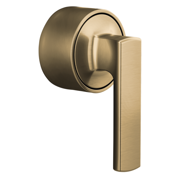 Brushed gold thermostatic valve trim with cylindrical lever handle and circular escutcheon plate.