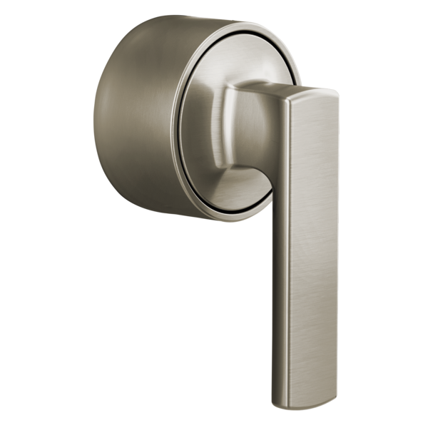 Brushed nickel thermostatic valve trim with rectangular lever handle and circular escutcheon plate.