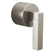 Brushed nickel thermostatic valve trim with cylindrical rotational handle and rectangular lever shaft.