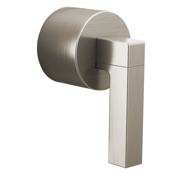 Brushed nickel thermostatic valve trim with cylindrical rotational handle and rectangular lever shaft.