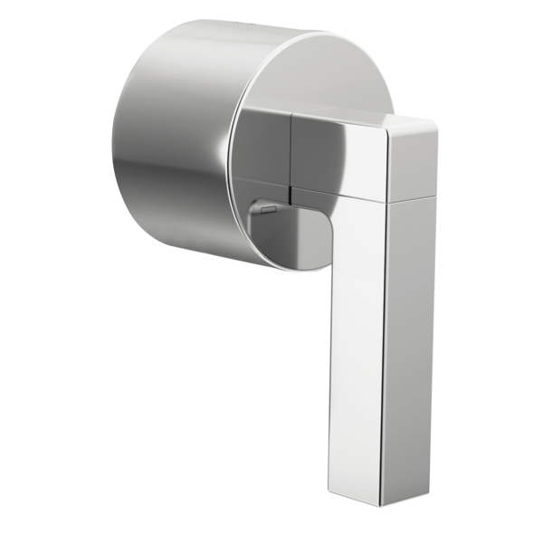 Chrome thermostatic valve trim with rectangular lever handle and cylindrical escutcheon plate.