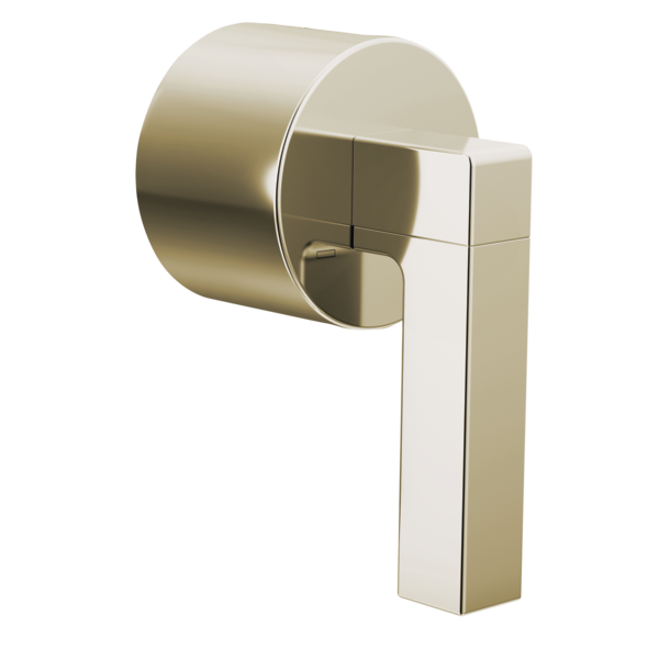 Brushed nickel thermostatic valve trim with rectangular lever handle and cylindrical escutcheon plate.